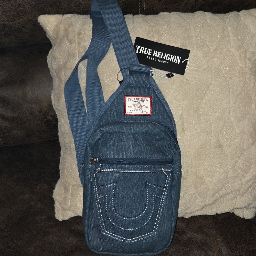 Brand NEW True Religion Unisex Indigo Blue Denim Grohl Sling Bag And WATCH